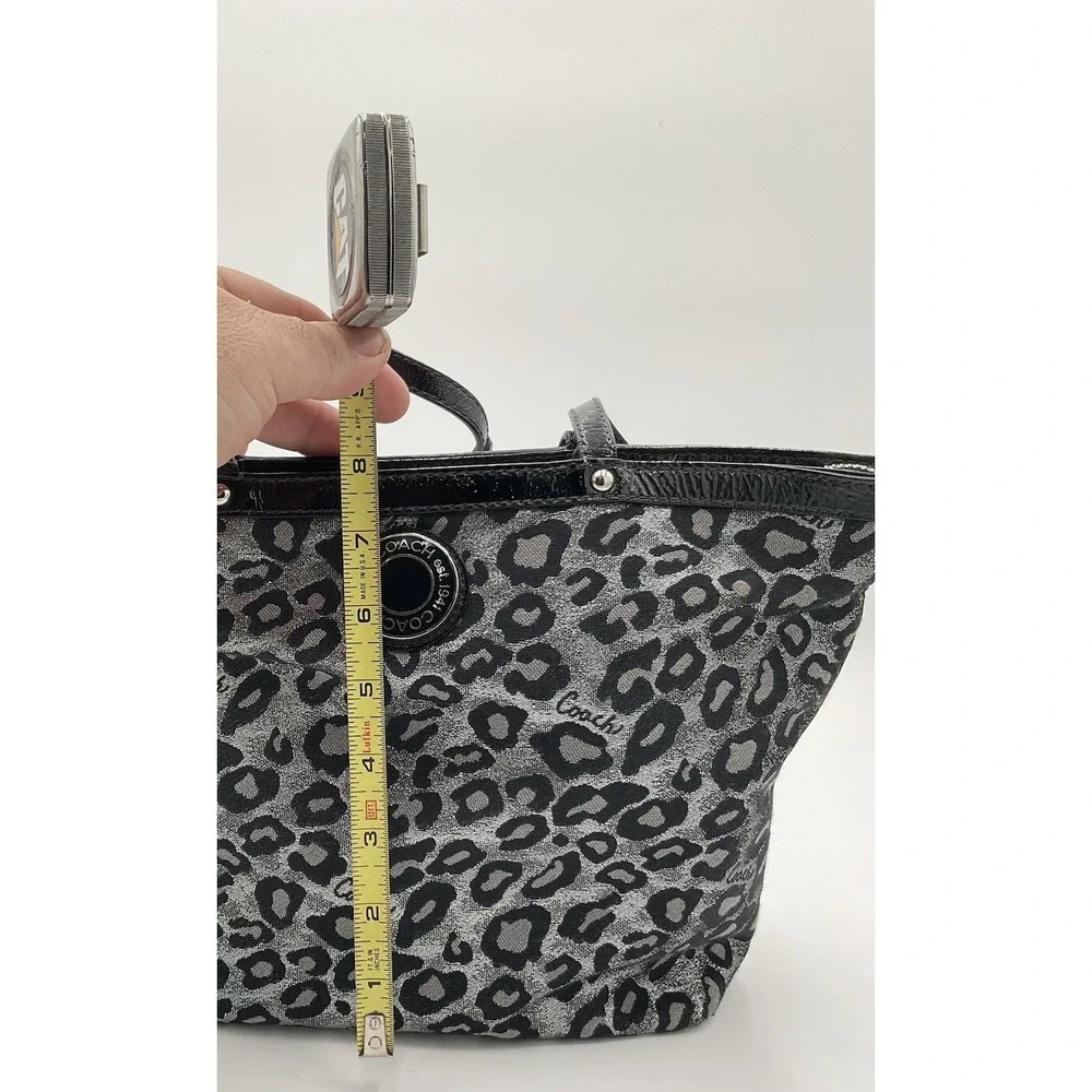Coach F21061 Metallic Silver Black Gray Ocelot Animal Print Tote Bag Patent Trim